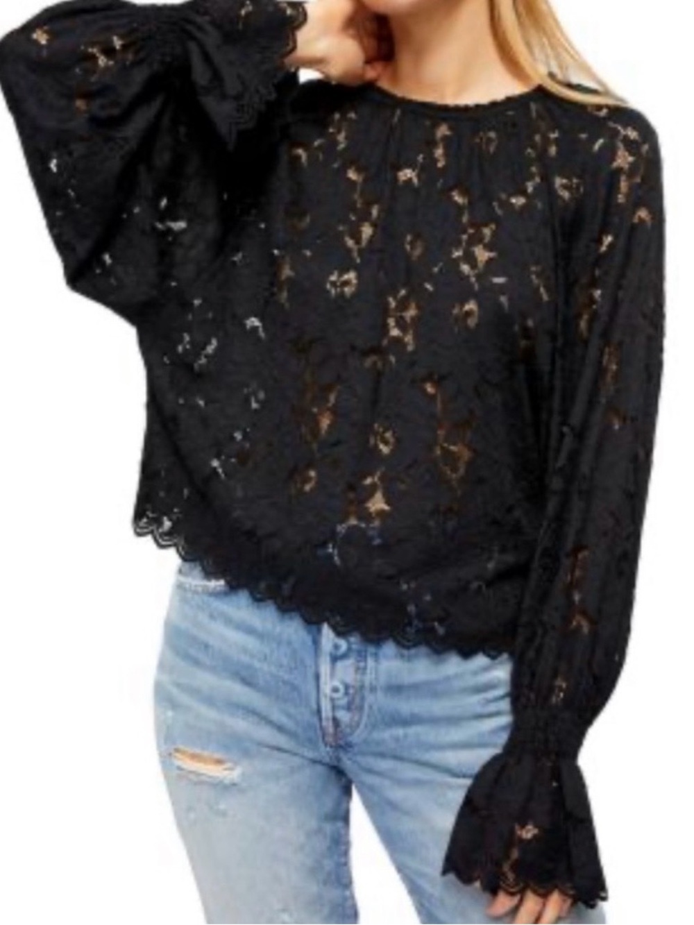 Free People Olivia Black Lace Blouse Bell Sleeve Boho Top Size Small